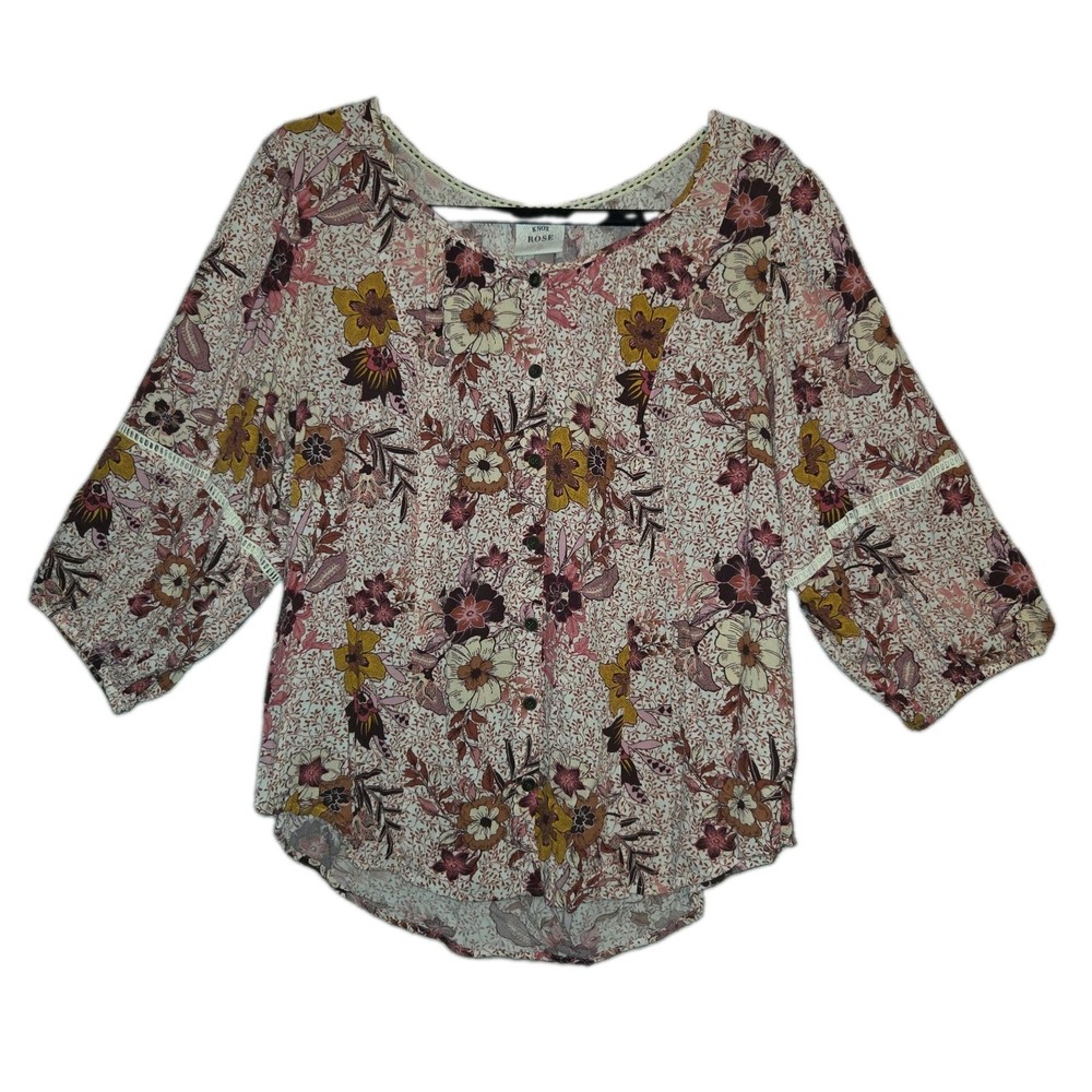 Knox Rose Boho Blouse Medium Pink Orange Floral 3/4 Sleeve Top Casual Button-Up
